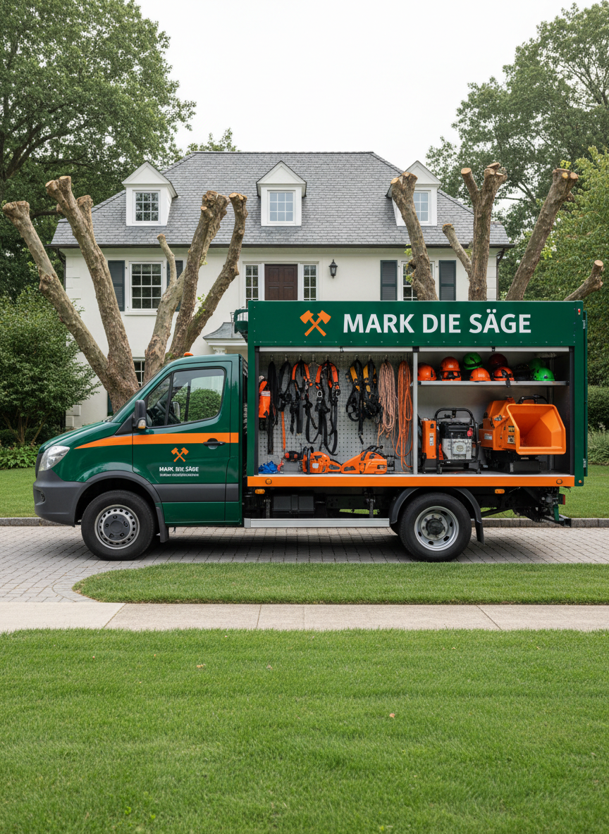 A sturdy, professional tree care truck with the company name “Mark die Säge” clearly printed on the side, parked neatly in front of a well-maintained residential property. The truck bed holds clean, organized equipment such as chainsaws, ropes, harnesses, and a compact wood chipper, all in impeccable condition. It is a bright, clear day with soft, natural daylight, casting crisp but gentle shadows on the paved driveway and trimmed lawn. Photographed at eye level with photographic realism and sharp focus, the composition uses the rule of thirds to emphasize the branded vehicle. The mood is trustworthy, competent, and professional, conveying reliability and careful workmanship without showing any people.