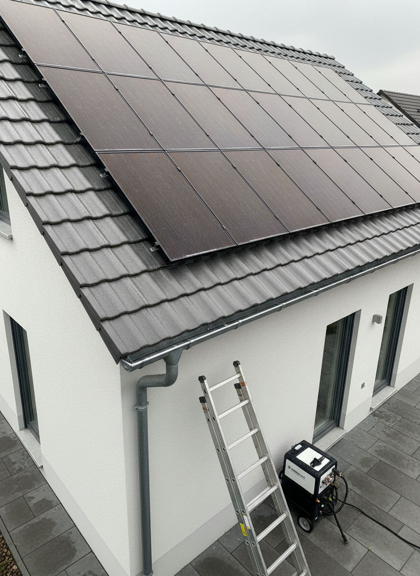 A realistic rooftop scene of a modern house with dark solar panels and clean gutters running along the edge of a freshly washed, moss-free tiled roof. The panels have a subtle sheen, reflecting soft, overcast daylight, while downspouts and gutter guards appear spotless and well-maintained. A stable, professional-grade ladder leans securely against the building, and a compact, closed cleaning unit sits on a patio below, with no hoses or tools scattered around. Captured from a slightly elevated, diagonal angle in photographic realism, the composition emphasizes straight lines and structural clarity. The mood is orderly, thorough, and dependable, highlighting meticulous solar panel and Dachrinnenreinigung services without any human figures.