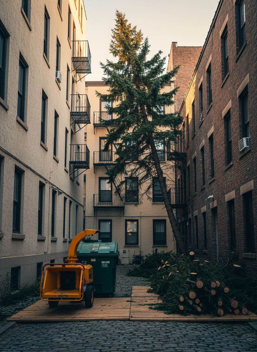 A narrow alley between two multi-story residential buildings, where a tall conifer leans slightly toward a light-colored façade, illustrating a classic problem tree situation. The tree’s lower branches have been cleanly removed and lay neatly cut on protective boards covering the paving stones to prevent damage. A compact wood chipper and closed green waste container stand at the alley’s entrance, perfectly aligned and clean. Late afternoon sunlight filters between buildings, creating a mix of warm highlights and cool shadows along the walls and ground. Captured at eye level in photographic realism with deep depth of field, the composition leads the eye along the alley, conveying careful planning, spatial awareness, and safe Baumfällung in confined urban environments, without any human presence.