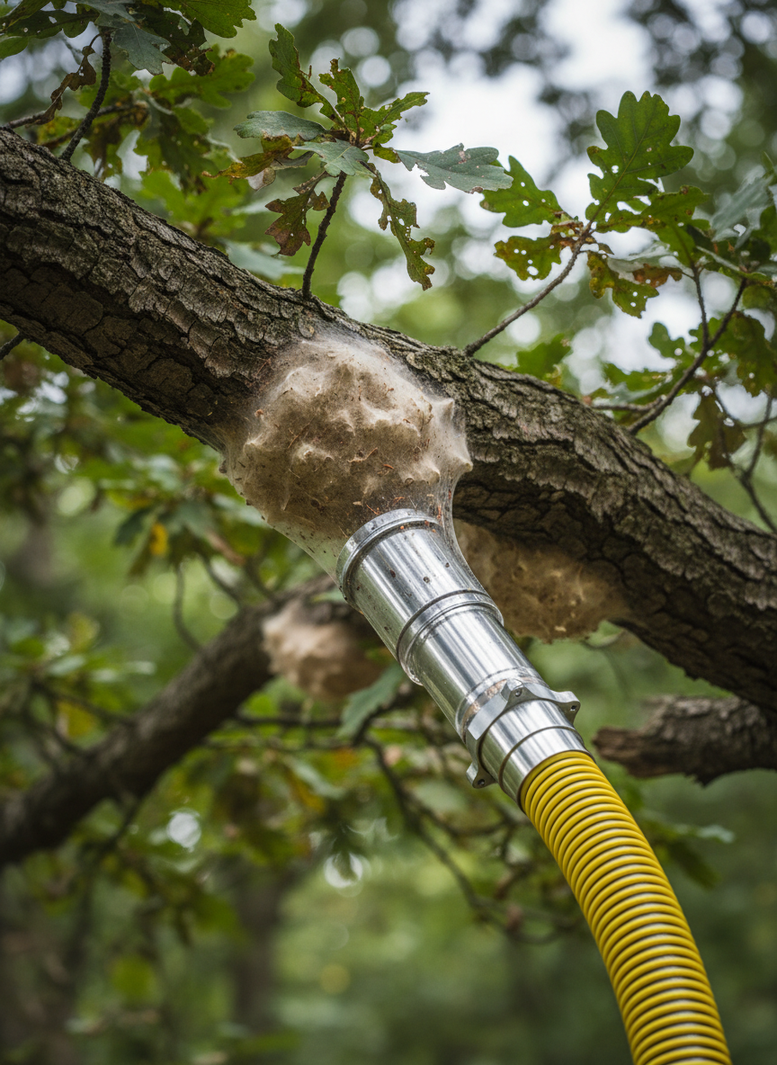 A high-detail close-up of a thick oak branch infested with Eichenprozessionsspinner nests, showing pale, silky web formations attached to the coarse, dark bark. Nearby leaves appear slightly damaged, contrasting with the crisp green foliage around. A professional, sealed vacuum extraction nozzle is positioned close to the nests, connected to a clean, industrial hose that leads out of frame, indicating a controlled removal process. Diffused, overcast daylight softens the scene, reducing harsh shadows and emphasizing texture. Photographed in photographic realism with shallow depth of field, the nests and vacuum equipment are in sharp focus while the background forest canopy becomes a soft blur. The atmosphere is clinical, precise, and safety-oriented, underlining specialized pest extraction work without depicting any people.
