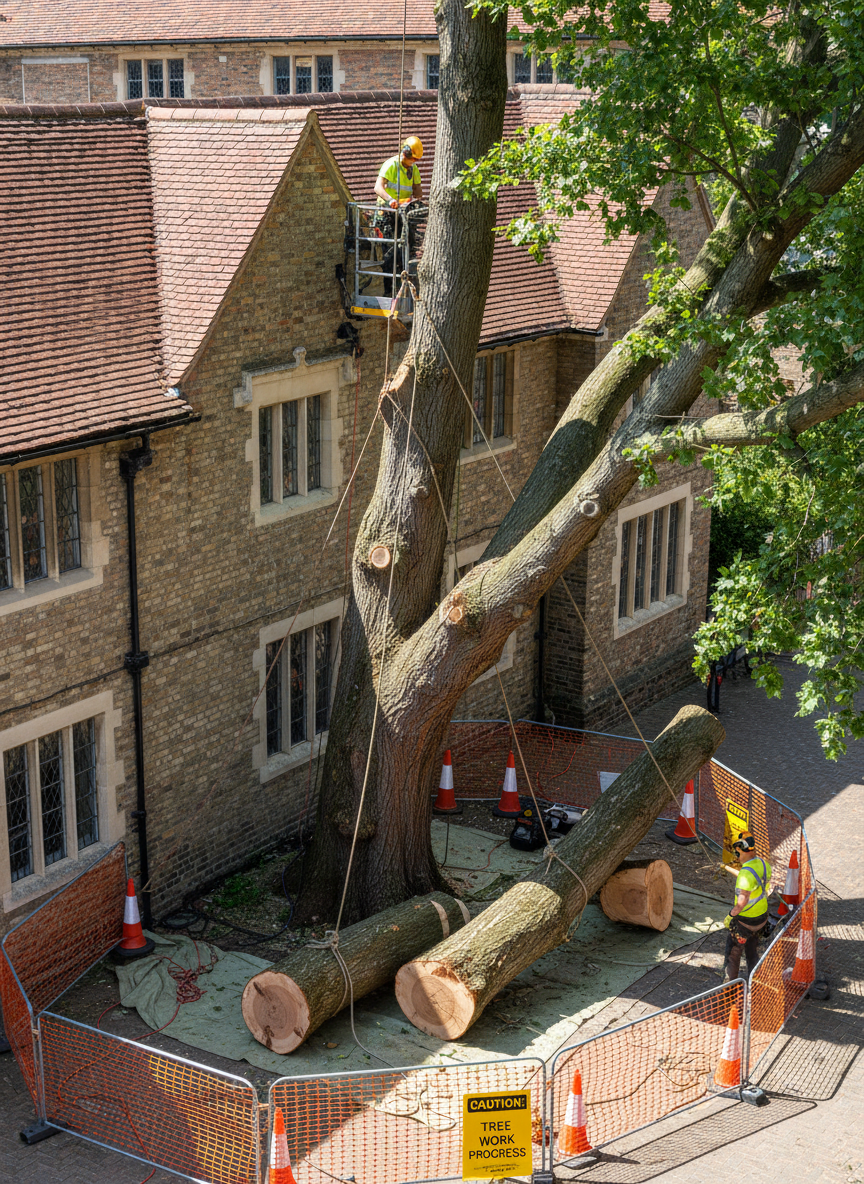 A close-up view of a large problem tree being carefully dismantled in sections near a building, with several thick branches already cut and secured on the ground. The remaining trunk stands close to a brick wall and tiled roof, illustrating the complexity of tight-space felling. Bright, clear daylight illuminates the textured bark, cut surfaces, and protective mats laid on paving stones, while safety cones and warning signs are arranged methodically around the work area. Shot from a slightly elevated angle in photographic realism, with sharp focus throughout, the composition highlights safe planning, precision cutting, and protection of surrounding structures, creating a serious yet controlled atmosphere.