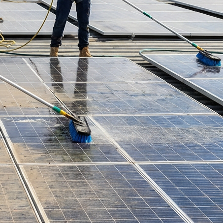 Two workers in high-visibility gear cleaning a large array of rooftop solar panels.
