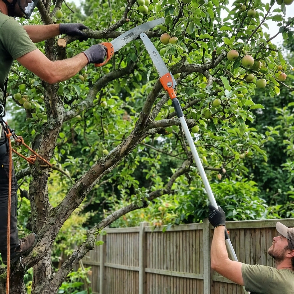 Two arborists pruning a large apple tree in a garden with raised vegetable beds.