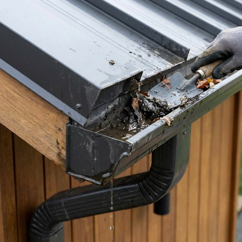 A gloved hand using a hand shovel to scoop debris from a clogged metal gutter.