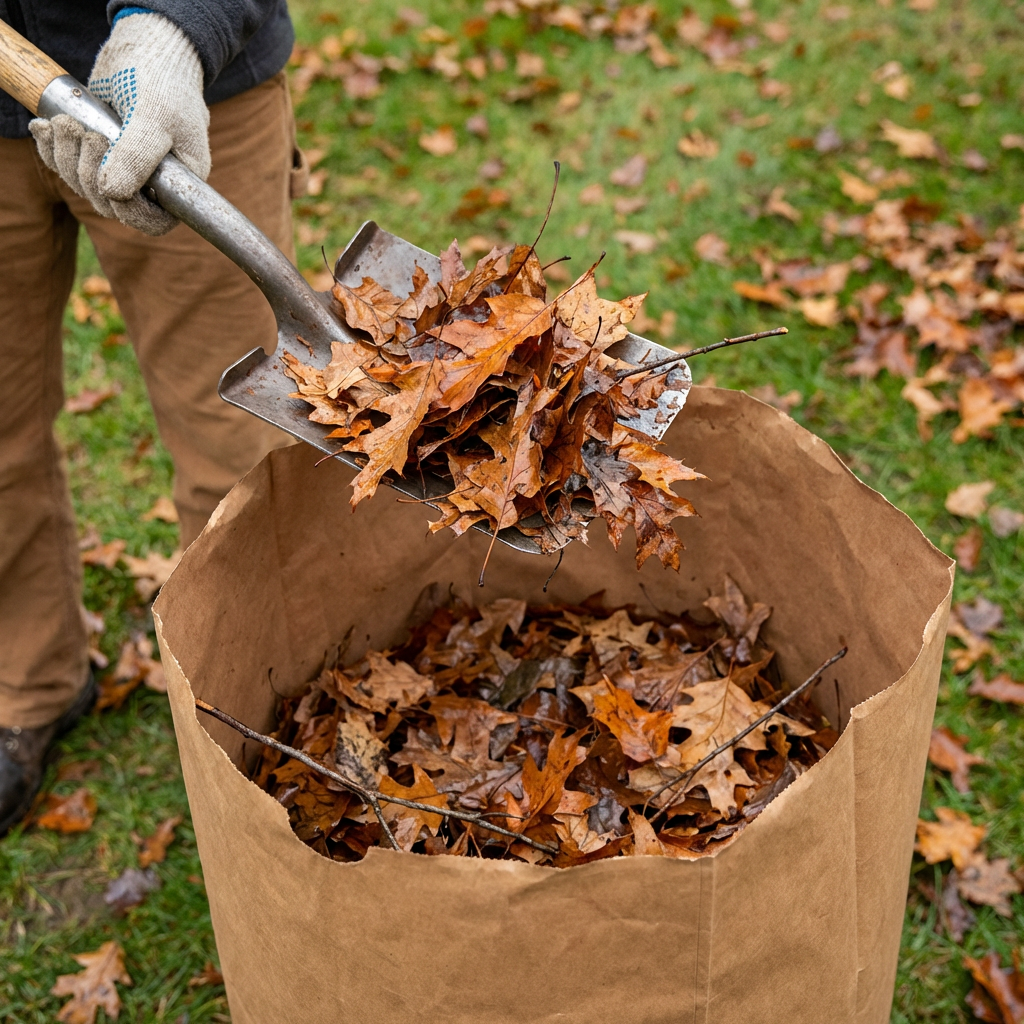 A person uses a shovel to place fallen brown leaves into a paper lawn bag.